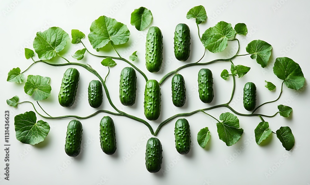 Poster fresh cucumbers arranged with leaves forming a tree shape