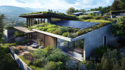Fototapeta premium Modern green roof adorned with vibrant plants, complemented by strategically positioned solar panels for energy efficiency, creating a beautiful contrast.