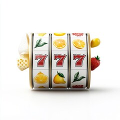 Obraz premium Colorful Fruit-Themed Slot Machine with Bright 7s and Dynamic Symbols Celebrating Luck and Entertainment in a Fun Casino Environment