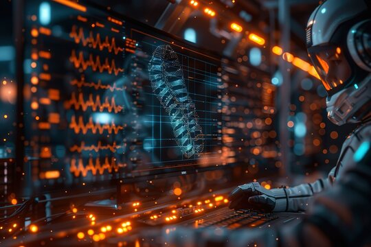 A futuristic astronaut works on a computer with data displayed on the screen.