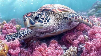 Fototapeta premium Coral Reef Highlighting Sea Turtle Illustration with Dynamic Underwater Scene photo