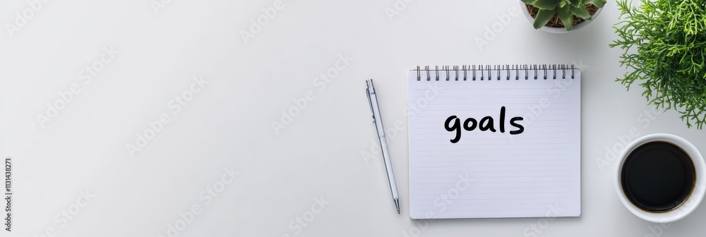 Poster A wellorganized desk includes a goals notepad for aspirations, a stylish pen for neat notes, and a colorful plant, symbolizing planning and selfimprovement, vital for productivity and success