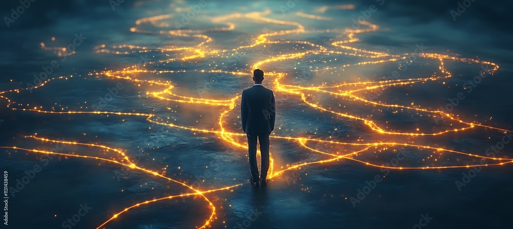 Poster a conceptual image of a businessman looking at a glowing digital road map with multiple paths, repre