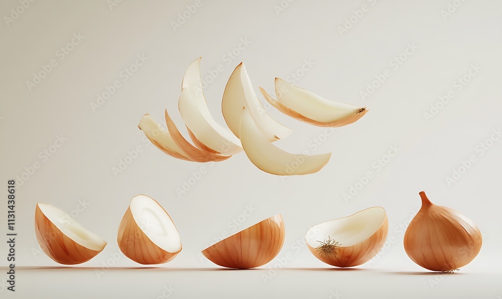 Poster sliced onions floating and resting on a surface