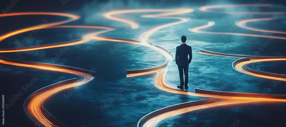 Poster a conceptual image of a businessman looking at a glowing digital road map with multiple paths, repre