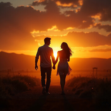 Couple walking hand in hand during a romantic sunset with glowing clouds
