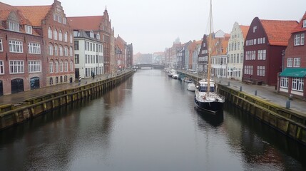 Canalside Brick Buildings and Moored Sailboat in Foggy City