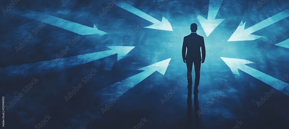 Poster a conceptual image of a businessman standing at a digital crossroads with glowing arrows pointing in