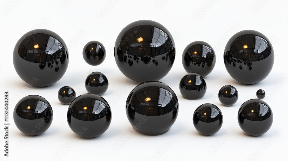 Poster black sphere abstract: a minimalist arrangement of black spheres in various sizes creates a visually