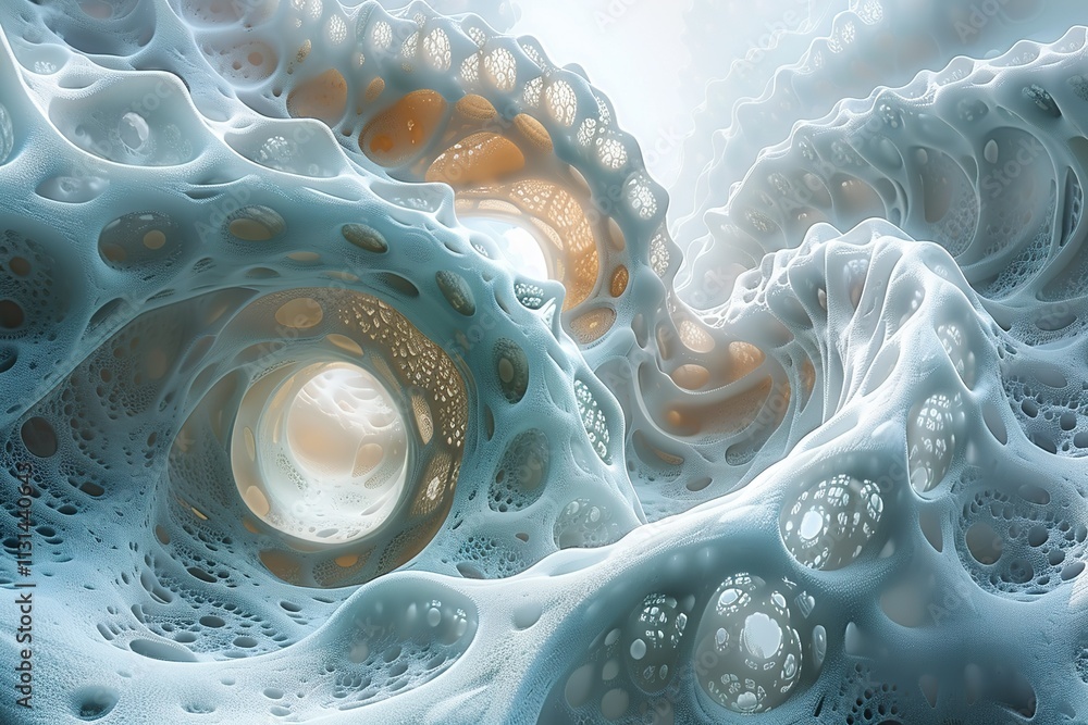 Poster a computer generated image of a blue and white swirl with many small holes
