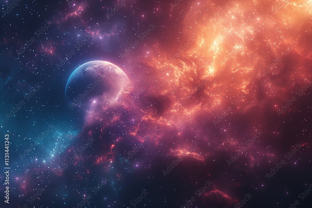 Poster a colorful space scene with a large planet in the center