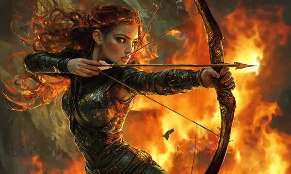 Fiery-Haired Huntress Nocking Flaming Arrow Amidst Inferno