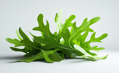 Obraz premium Fresh, vibrant green arugula leaves arranged on a neutral background, emphasizing health and natural freshness.