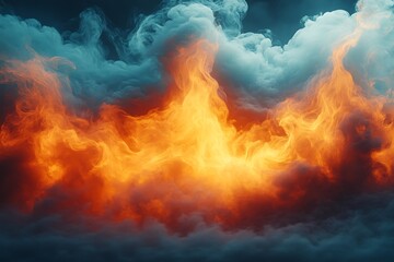 Fototapeta premium Dynamic clouds of multi-colored smoke of blue gray and orange on a black background smoothly flow with colorful waves, drawing isolated an column of smoke. Decorative wallpaper with rainbow steam.