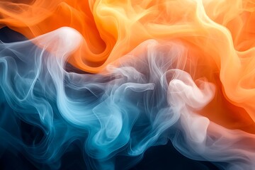 Fototapeta premium Dynamic clouds of multi-colored smoke of blue gray and orange on a black background smoothly flow with colorful waves, drawing isolated an column of smoke. Decorative wallpaper with rainbow steam.