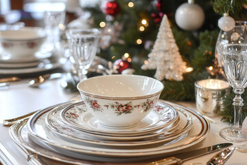 Fototapeta premium A Christmas table setup with white porcelain, metallic flatware
