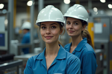 Female Factory worker wearing a safety helmet in the background of a production line.