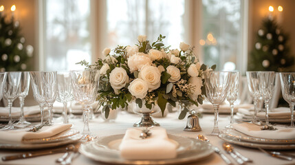 A clean, snowy-themed table with frosted glassware, white linen napkins, and a small silver bell centerpiece