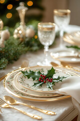 Fototapeta premium A festive table setting with neutral tones, golden cutlery, and a holly berry sprig on a white napki