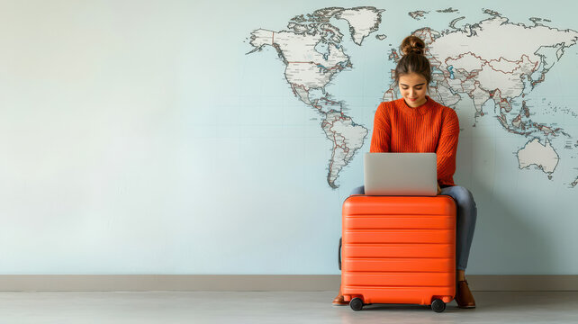A student with a suitcase and a laptop, sitting under a world map mural, symbolizing preparation for studying and working abroad.