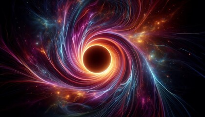 glowing black hole surrounded by spiraling vibrant energy waves in cosmic environment, generative ai
