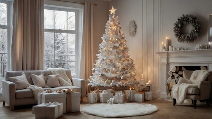 Escena Acogedora de Navidad: Elegancia en Blanco con Árboles de Navidad