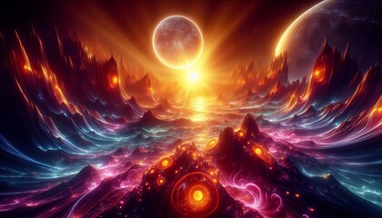 Obraz premium surreal glowing alien landscape illuminated by vibrant light from dual suns, generative ai