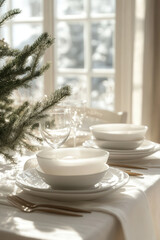Fototapeta premium A minimalistic clean holiday table with a frosted glass centerpiece, white dinnerware, and soft green accents