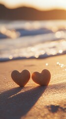 Fototapeta premium Red heart-shaped objects placed tranquil sandy beach picture