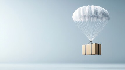 A Delivery Package Falling from the Sky on a Parachute in a Minimalistic Bright Background Illustrating E-commerce and Modern Logistics Concepts