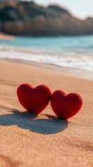 Fototapeta premium Two bright red hearts resting golden beach sand picture