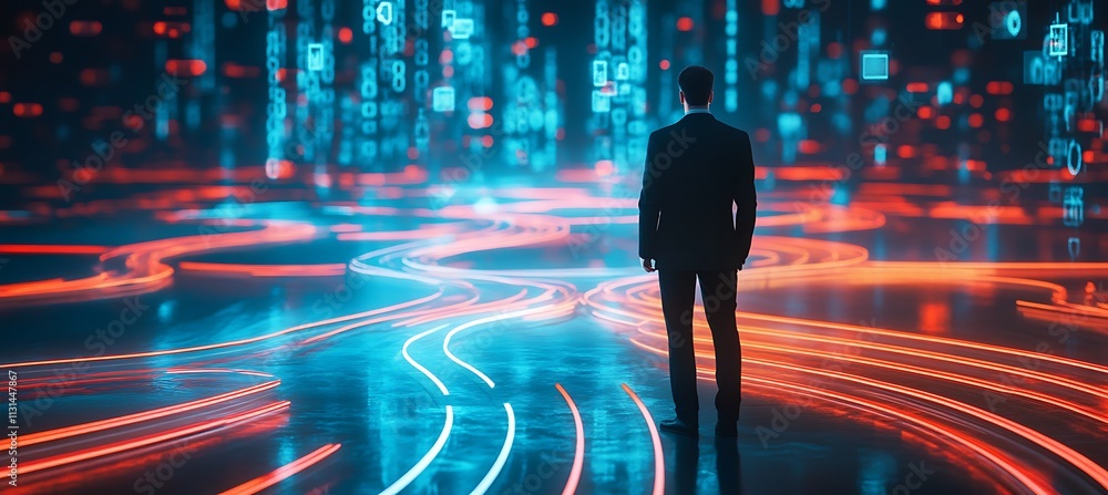 Poster a conceptual image of a businessman looking at a glowing digital road map with multiple paths