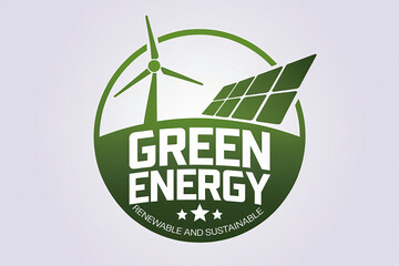 A green energy logo with a stylized image of a wind turbine and a solar panel. The logo is in the shape of a circle. There is a large, stylized text that says "Green Energy".