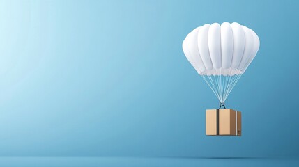 Delivery Package Descending from a Bright White Parachute against a Soft Blue Background Symbolizing Efficient Shipping and Logistics Process