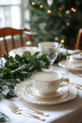 A winter-themed table with white porcelain, subtle gold accents, and an understated garland of green leaves