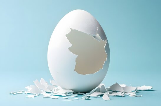 Cracked egg with shell fragments on light blue background
