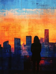 Fototapeta premium Woman in front of city painting