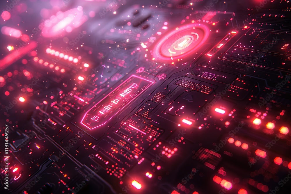 Poster a computer chip with a red background and a red circle with the letters 