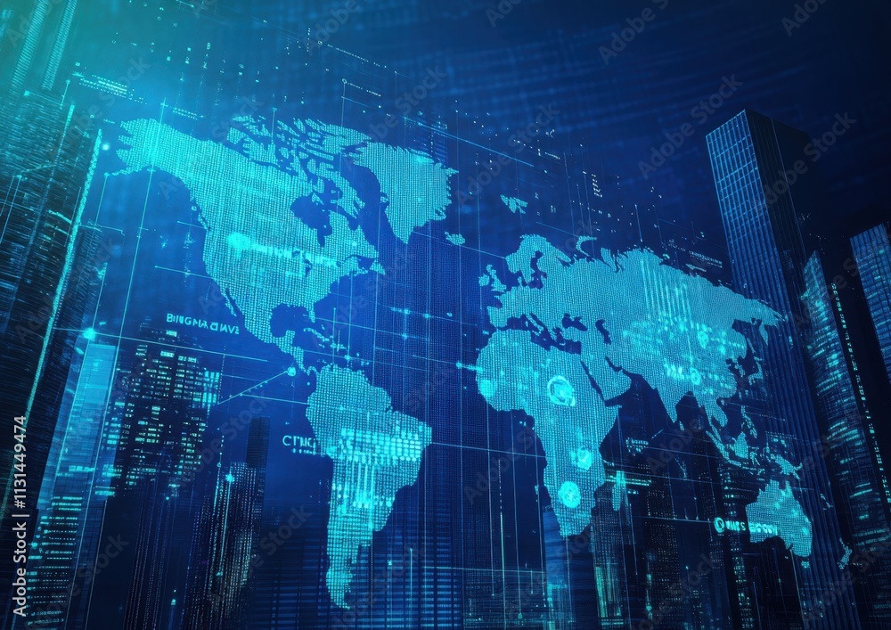 Poster digital map of global business network with icons and skyscrapers on a blue background, a digital te