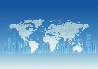 A digital map of the world with global network connections and business icons, set against an urban skyline background cityscape includes skyscrapers with office buildings Generative AI