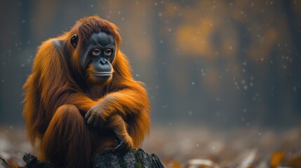 Obraz premium A pensive orangutan sits on a tree stump amidst a softly falling snow, creating a serene and captivating autumnal scene.
