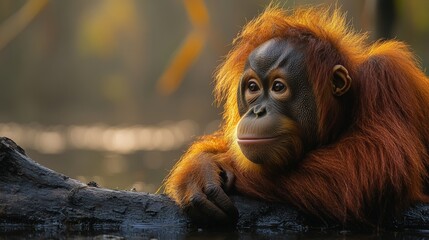 Naklejka premium Serene young orangutan resting on a log by the water, bathed in golden sunlight. A beautiful wildlife portrait showcasing the primate's calm expression and rich fur.