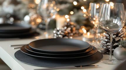 Fototapeta premium A contemporary holiday table with clean lines, matte black plates, and glassware set against a 'Future Dusk' tablecloth, complemented by delicate silver accents