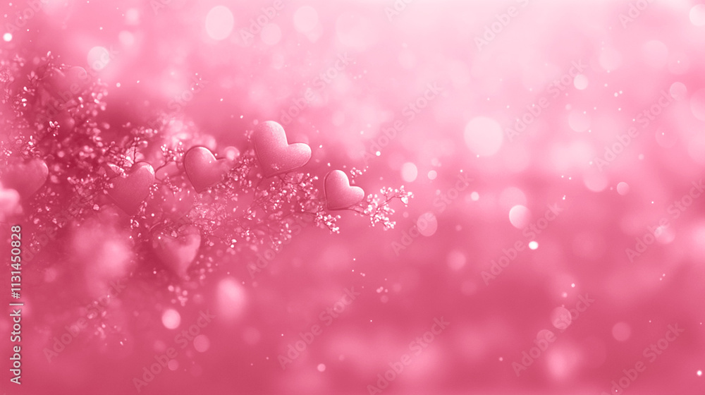 Poster pink background with soft focus hearts and delicate flowers, creating a dreamy and romantic atmosphe