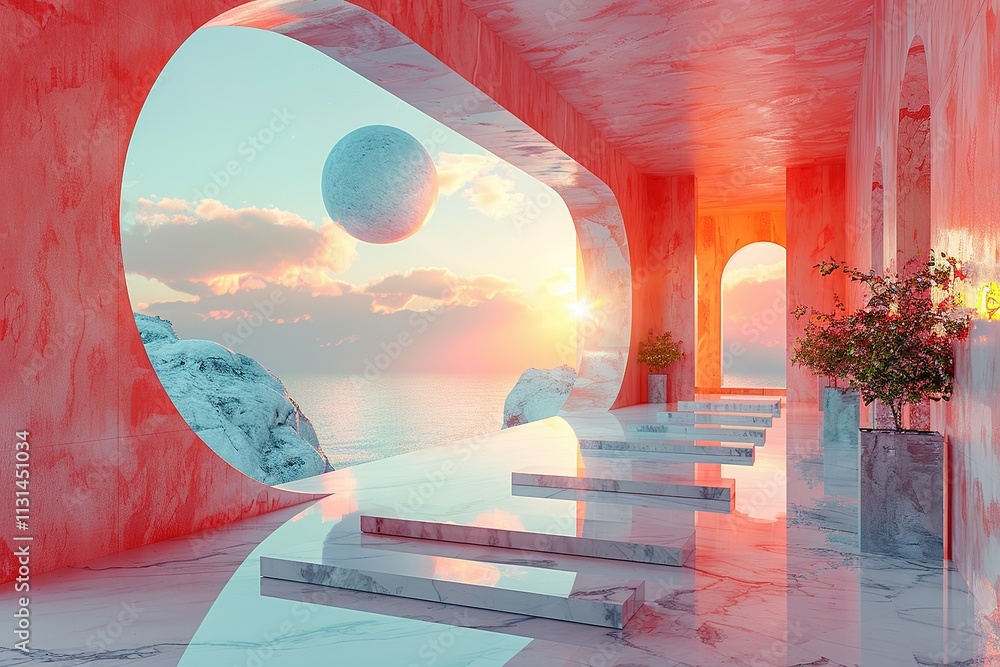 Poster a large archway with a view of the ocean and a large ball in the sky