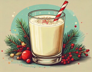 Illustration of a glass of eggnog with peppermint stick and Christmas ornaments