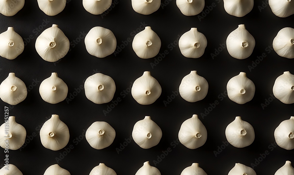 Poster garlic bulbs arranged in a grid pattern on black background