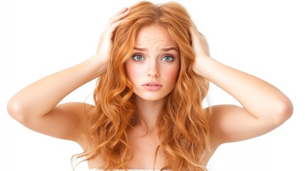 Obraz premium A young woman with wavy red hair and a concerned expression holds her head, conveying feelings of stress or anxiety, This image can be used in articles about mental health, stress management