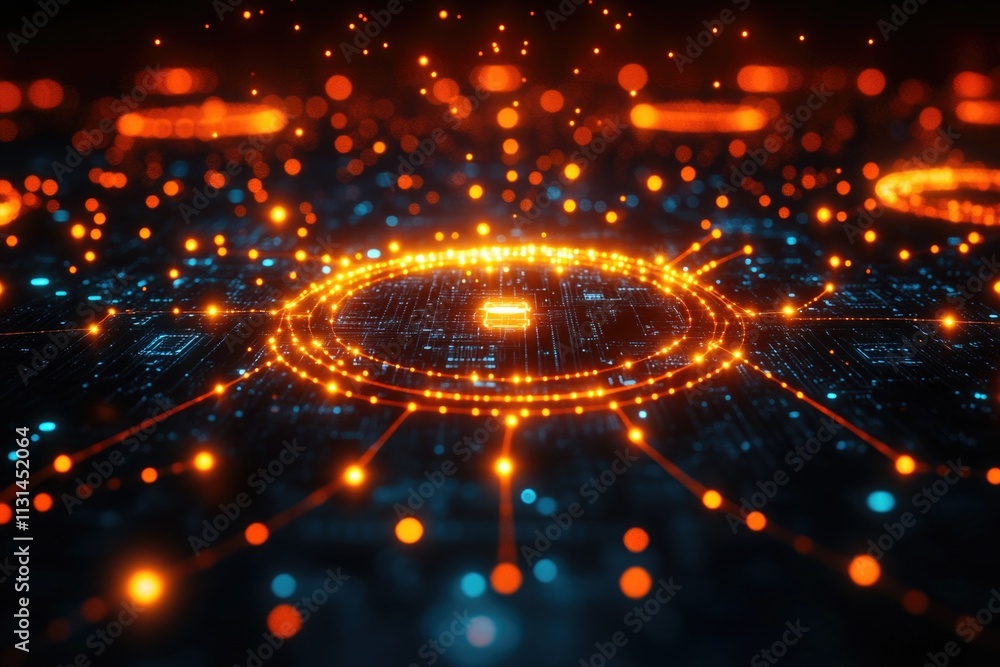 Poster a close-up view of a computer circuit with glowing circles