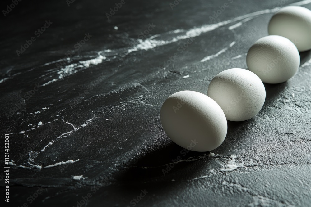 Poster four white eggs are arranged in a diagonal line on a dark marble surface dusted with flour, creating